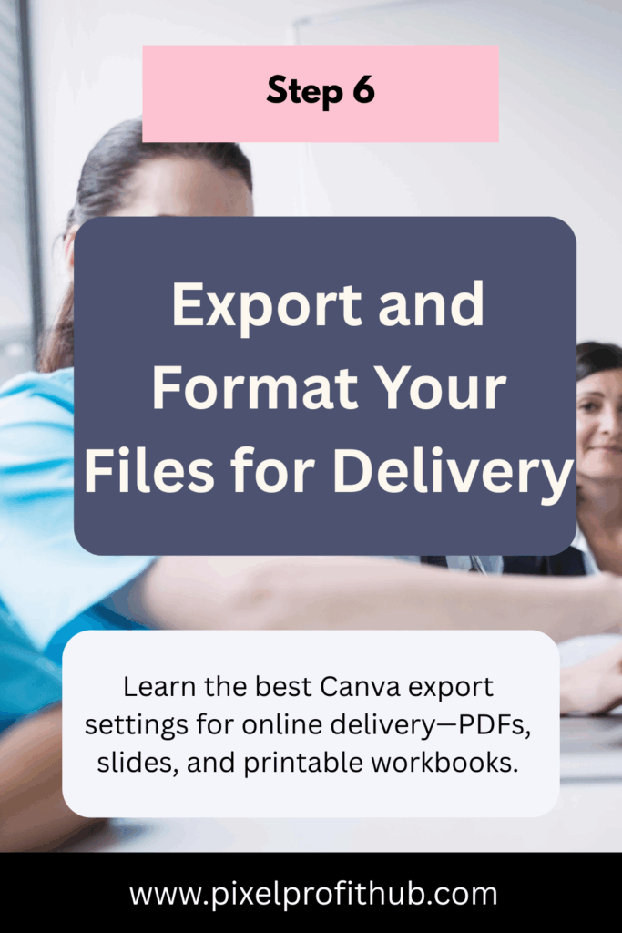 Exporting Canva workbooks and courses as PDFs and slides.